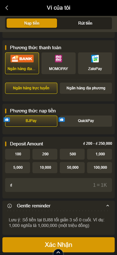 Nạp - rút nhanh chóng