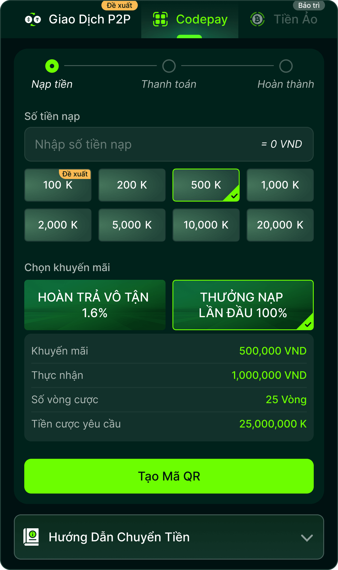 Nạp tiền vào tài khoản: Chọn phương thức nạp tiền phù hợp (thẻ ngân hàng, ví điện tử, thẻ cào) và thực hiện giao dịch.